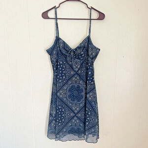 Y2K Bandana Print Slip Dress M Navy Blue‎ Sheer Mesh Paisley Grunge Indie Sleaze